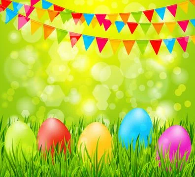 Easter background with colorful eggs in green grass and flags Illustrazione stock