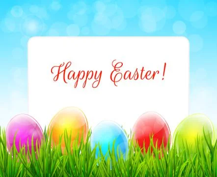 Easter background with colorful eggs in green grass and paper sheet Stock Illustration