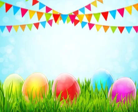 Easter background with colorful eggs in green grass and flags Illustrazione stock