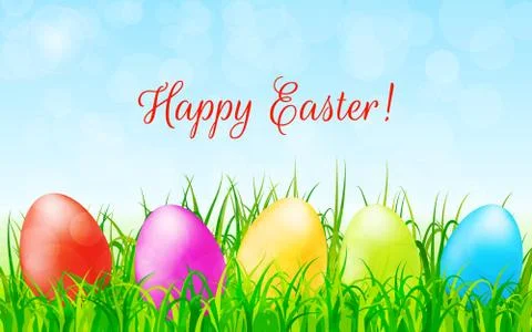 Easter background with colorful eggs, green grass and blue sky Stock Illustration