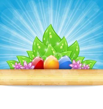 Easter background with colorful eggs, leaves, flowers Stock Illustration