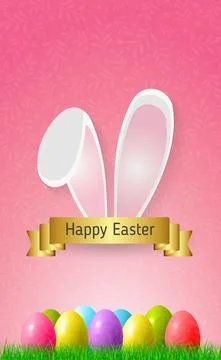 Easter background with colorful eggs lying on the grass, bunny ears - Vector Stock Illustration