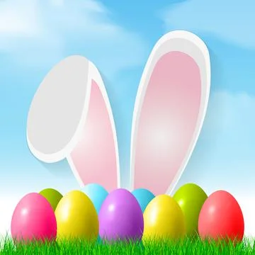 Easter background with colorful eggs lying on the grass, bunny ears - Vector Illustrazione stock