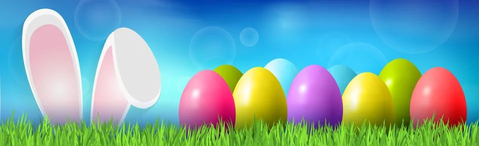 Easter background with colorful eggs lying on the grass, bunny ears - Vector 스톡 일러스트