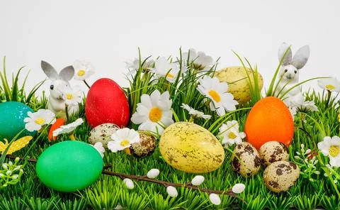 Easter background composition with easter eggs Stock Photos