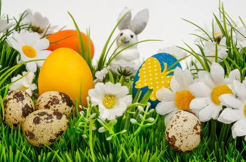 Easter background composition with easter eggs Stock Photos