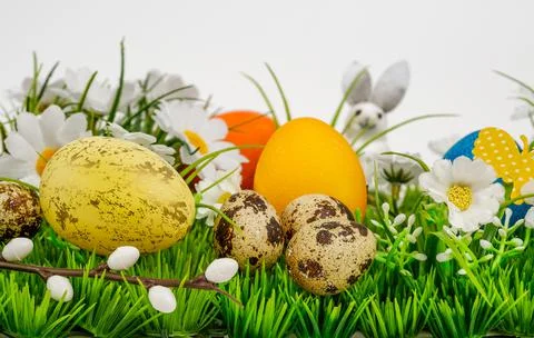 Easter background composition with easter eggs Stock Photos