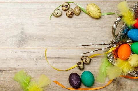 Easter background composition with easter eggs Stock Photos