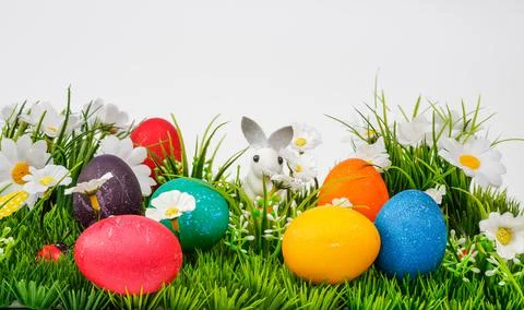 Easter background composition with easter eggs Stock Photos
