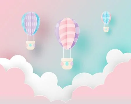 Easter background concept with Easter egg balloon in sky in paper cut style.  스톡 일러스트