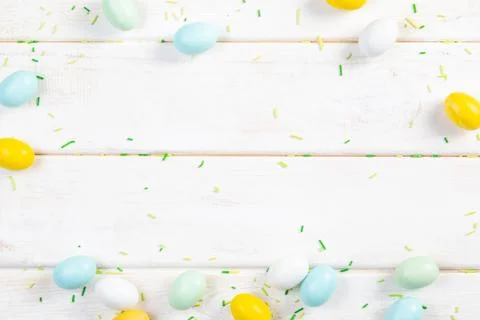 Easter background - cookies shaped like eggs, flowers, bunnies Stock Photos