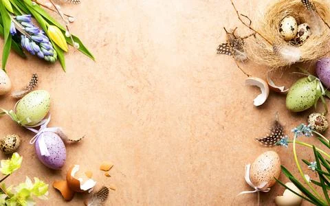 Easter background with a copy space for a greeting text and various Easter .. Stock Photos