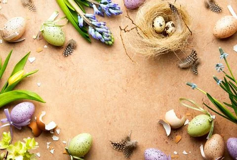 Easter background with a copy space for a greeting text and various Easter .. Stock Photos