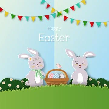Easter background with cute bunny,celebrate theme on spring garden for bann.. Stock Illustration