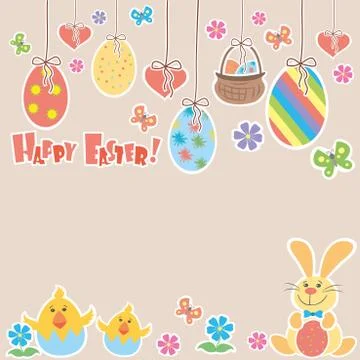 Easter Background with cute rabbit, colorful eggs and a chick, p Stock Illustration