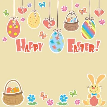 Easter Background with cute rabbit, colorful eggs and a chick, p Illustrazione stock