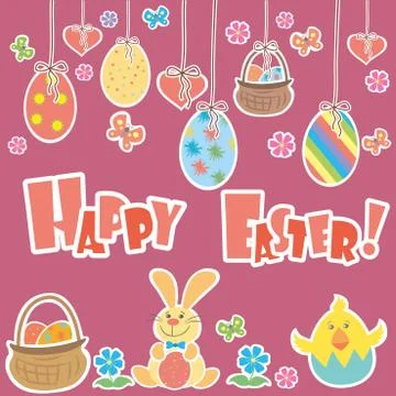 Easter Background with cute rabbit, colorful eggs and a chick Stock Illustration
