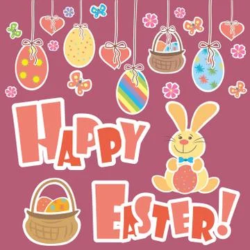 Easter Background with cute rabbit, colorful eggs and a chick Stock Illustration