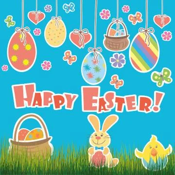 Easter Background with cute rabbit, colorful eggs and a chick, Stock Illustration