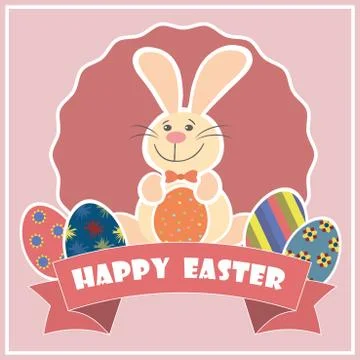 Easter Background with cute rabbit, colorful eggs and a chick Stock Illustration