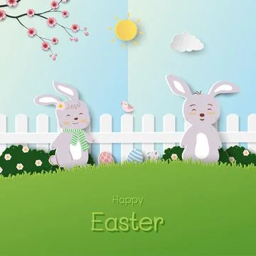 Easter background with cute rabbits and beautiful spring garden on sunshine d Stock Illustration
