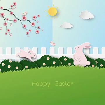 Easter background with cute rabbits and beautiful spring garden on sunshine d Stock Illustration