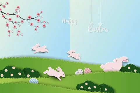 Easter background with cute rabbits happy on spring garden for banners,flye.. Stock Illustration