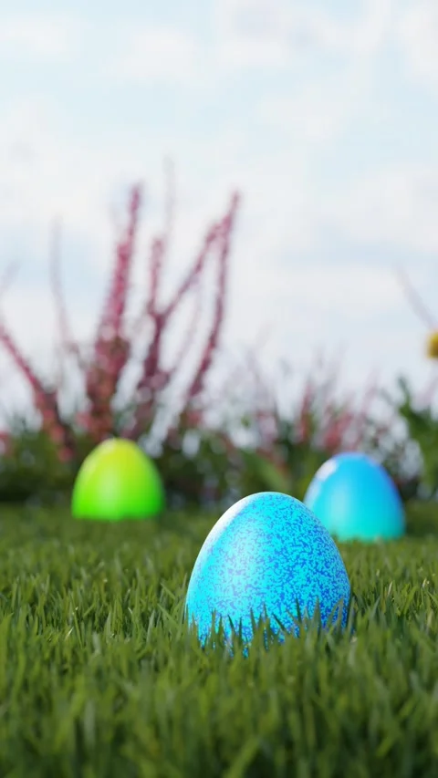 Easter background with decorated eggs on a meadow. The concept of Easter hunting 스톡 동영상 267021670