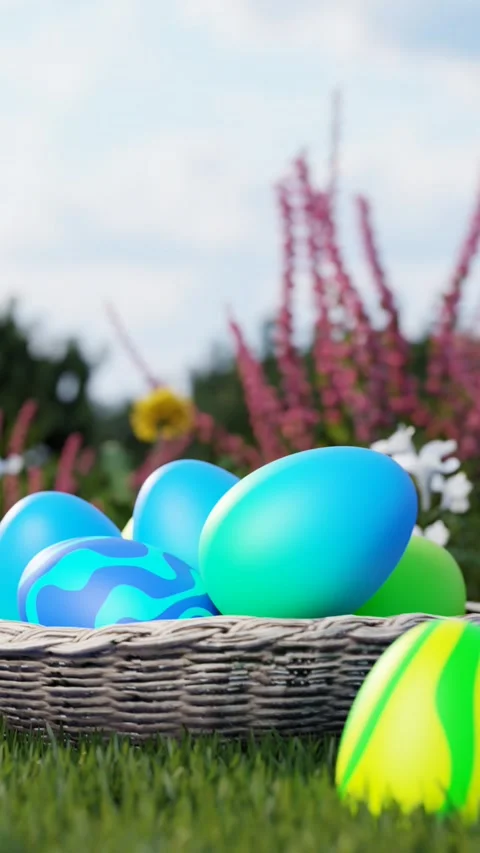 Easter background with decorated eggs on a meadow. The concept of Easter hunting Stock-Footage 267021672