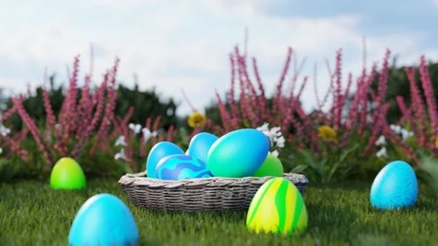 Easter background with decorated eggs on a meadow. The concept of Easter hunting Video stock 267021686