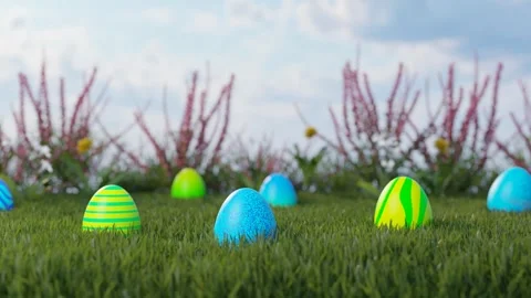 Easter background with decorated eggs on a meadow. The concept of Easter hunting Stock Footage 267021688