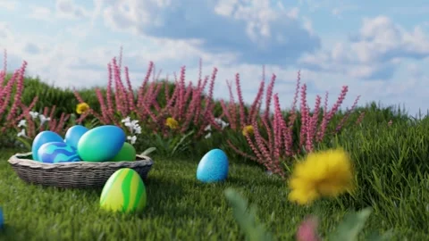 Easter background with decorated eggs on a meadow. The concept of Easter hunting Stock Footage 267041047