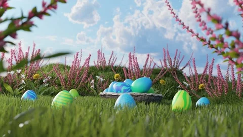 Easter background with decorated eggs on a meadow. The concept of Easter egg hun Stock Footage 267075442