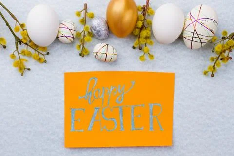 Easter background with decorative eggs. Stock Photos