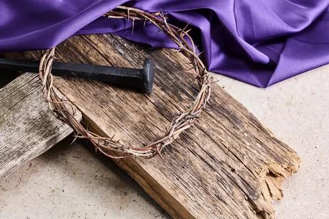 Easter background depicting the crucifixion with a rustic wooden cross, cro.. Stock Photos