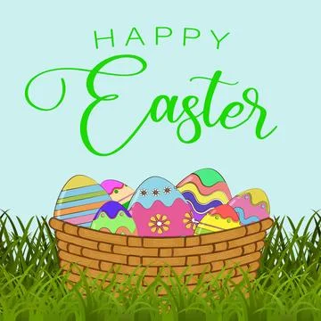 Easter background with Easte eggs in the wicker basket on green grass. Template Stock Illustration