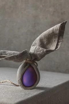 Easter background with Easter bunny made from eggs and linen napkin. Festiv.. Stock Photos