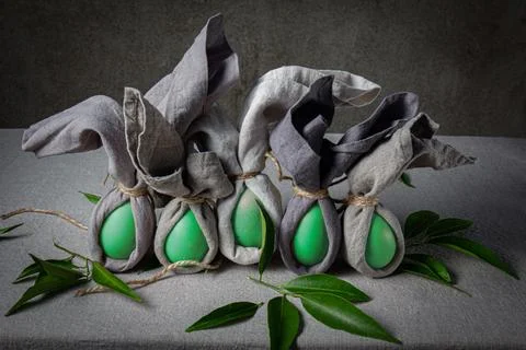 Easter background with Easter bunny made from eggs and linen napkin. Festiv.. Stock Photos