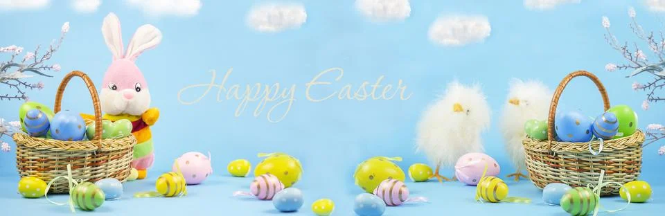 Easter background. Easter chickens with eggs. happy easter card. Stock Photos