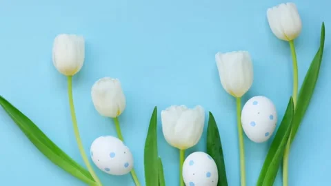 Easter background. Easter eggs and flowers. White tulips and white eggs Stock Footage 162794842
