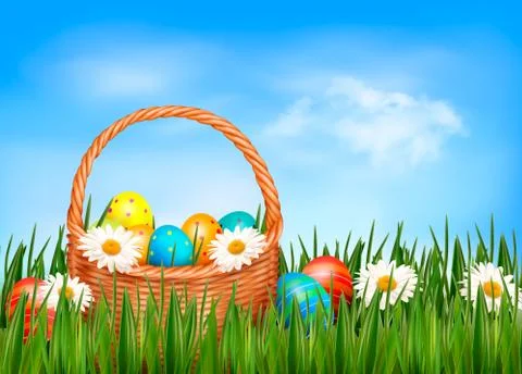 Easter background. easter eggs and flower with basket in the grass.  vector Stock Illustration