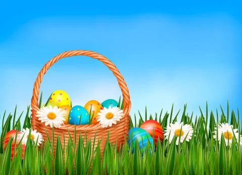 Easter background. easter eggs and flower with basket in the grass.  vector Stock Illustration