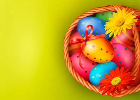 Easter background with easter eggs and flowers with basket. vector Stock Illustration