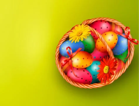 Easter background with easter eggs and flowers with basket. vector Stock Illustration