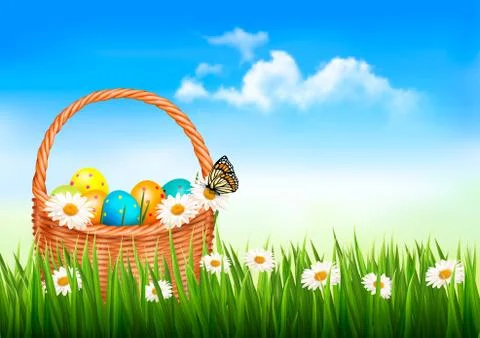Easter background. easter eggs and flowers in a basket in the grass. vector. Stock Illustration