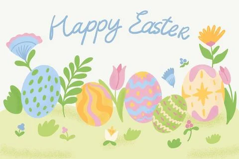 Easter background with easter eggs and spring flowers Ilustración de archivo