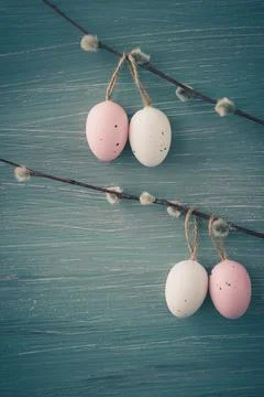 Easter background. Easter eggs and willow branch. Vintage style, toned, soft Stock-Fotos