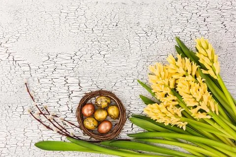 Easter background with Easter eggs and yellow flowers. Copy space, top view Stock-Fotos