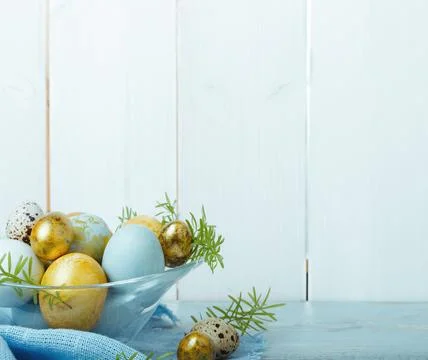 Easter background with Easter eggs and spring flowers. Top view with copy spa 写真素材