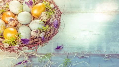 Easter background with Easter eggs and spring flowers. Top view with copy spa Foto stock